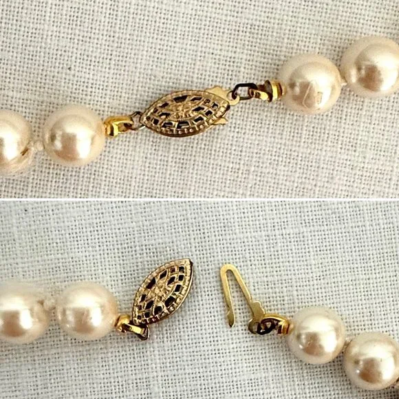 Vintage 1980s Hand Knotted Faux Pearl Necklace Set 14K GF Clasp 30in - Picture 3 of 16